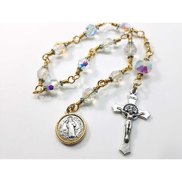 St. Benedict Clear Handmade One Decade Rosary, Clear Swarovski Decade Beads - Picture 4 of 10